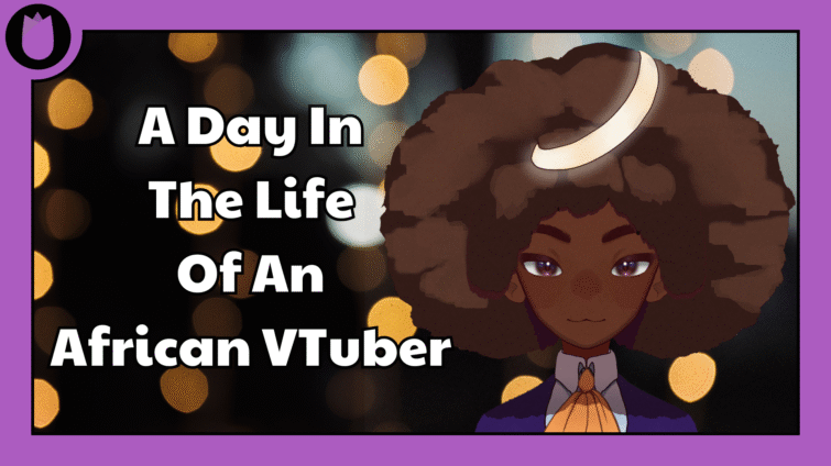 Inside of a purple thumbnail frame is white and black text shown on the left side that reads: "A Day In The Life Of An African VTuber." Next to the text is a close-up photo of a dark skinned VTuber model with a glowing halo shaped object on top of the brown afro. They're wearing a dark blue blazer over their white shirt with an orange necktie. Behind the model and text is a multi-colored bokeh styled background, but the flickering hues reflected in it are black, orange, light blue, and brown.